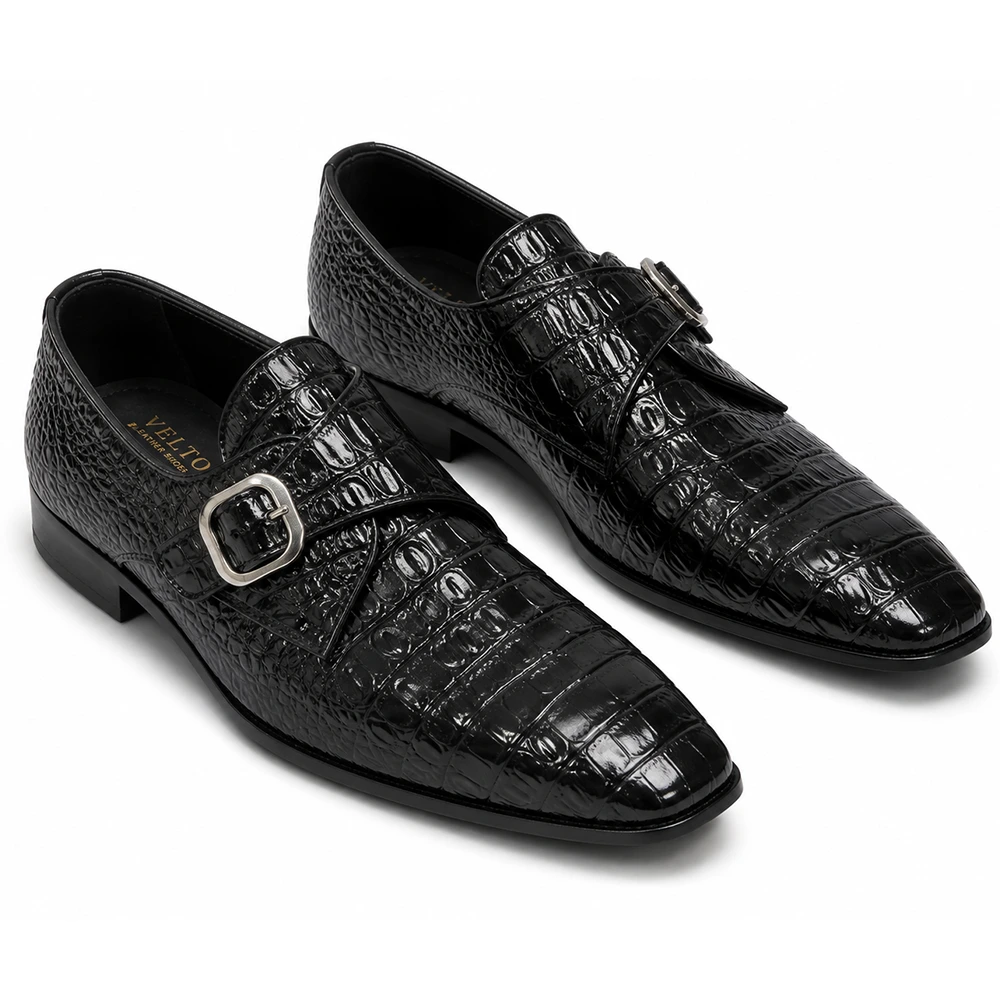 Premium Black Crocodile Embossed Leather Double Monk Strap Shoes