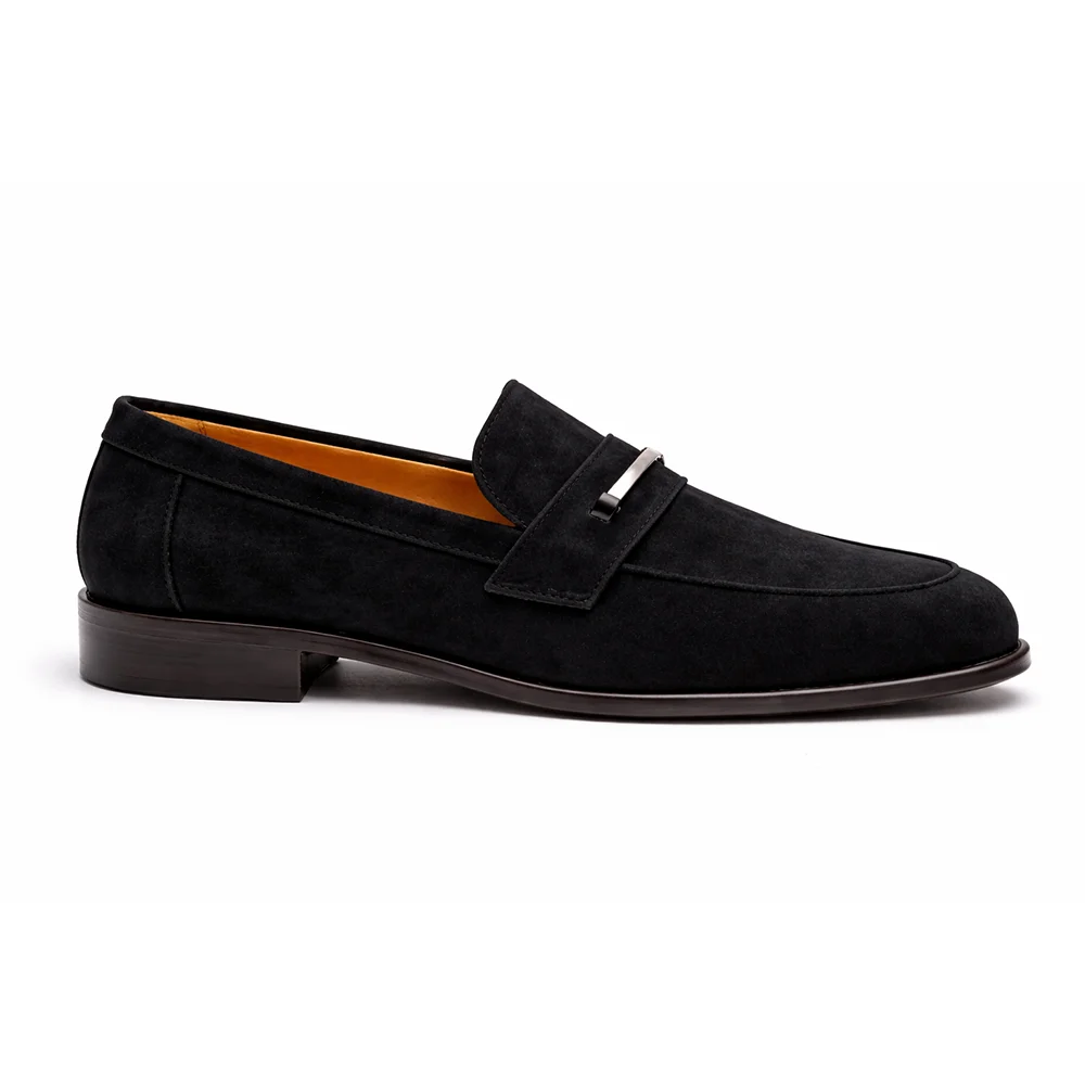 Men’s Black Suede Penny Loafers with Metal Accent – Premium Formal Slip-On Shoes