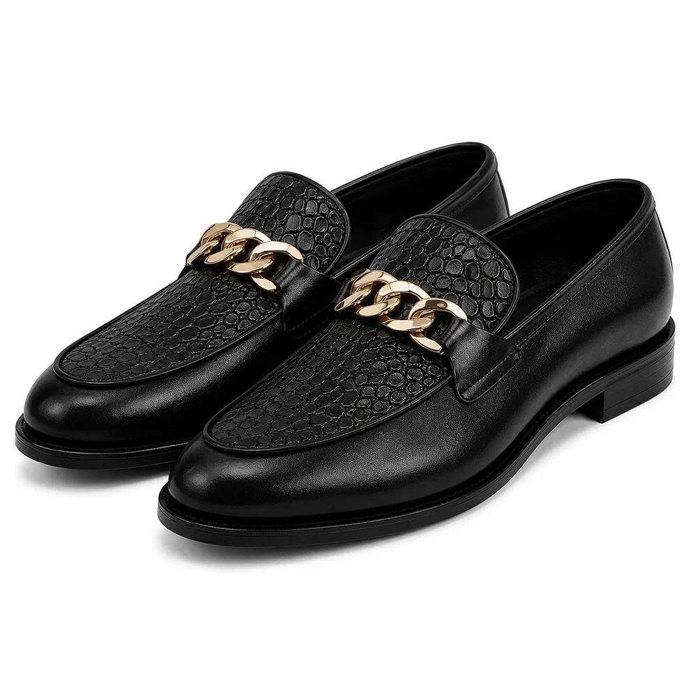 Men’s Black Chain Detail Loafers – Premium Formal Slip-On Dress Shoes