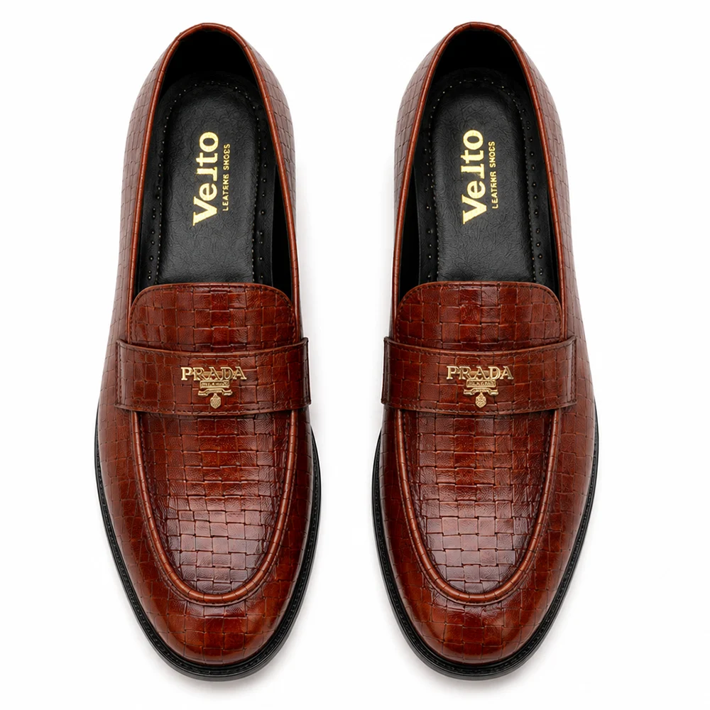 Premium Brown Tiled Leather Prada Buckle Loafers for Men - Men's leather shoes Pakistan