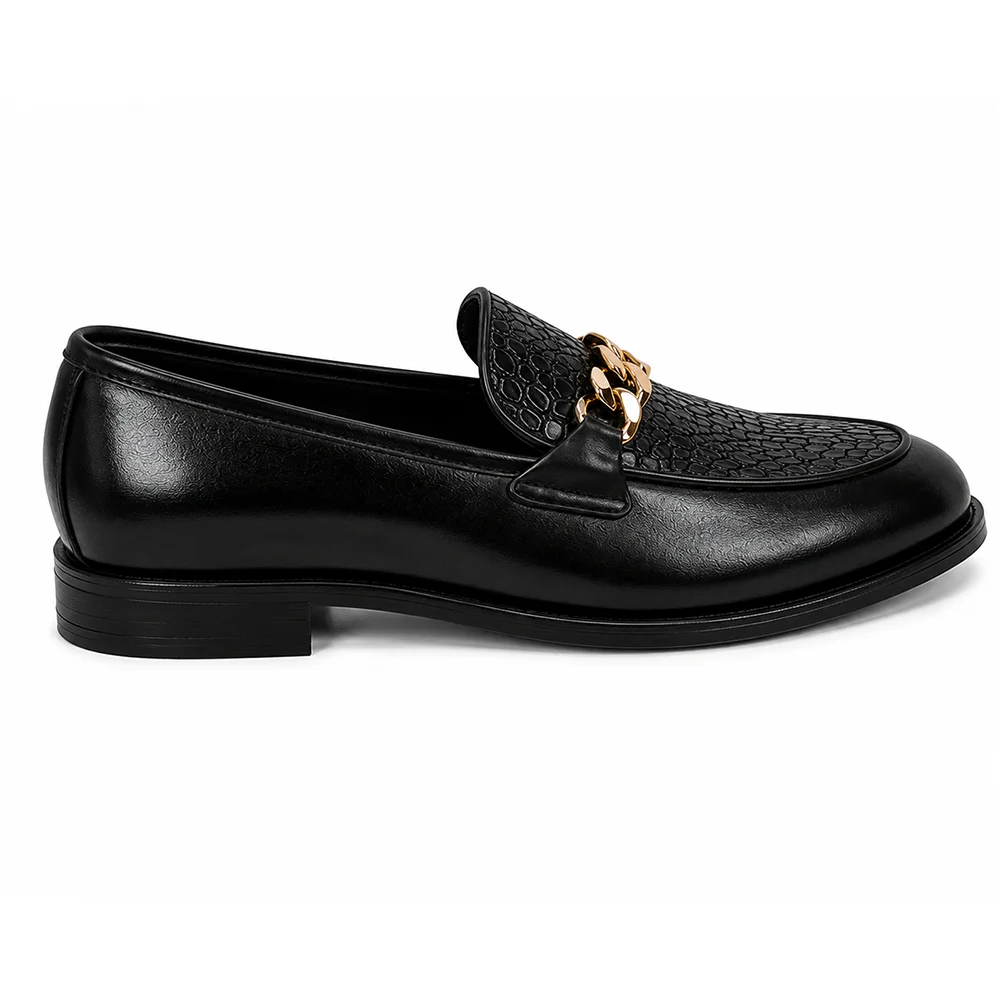 Men’s Black Chain Detail Loafers – Premium Formal Slip-On Dress Shoes