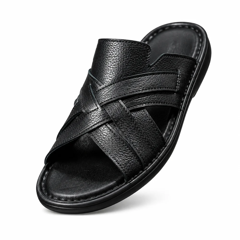 Men’s Black Cross Strap Sliders – Premium Casual Open Toe Sandals
