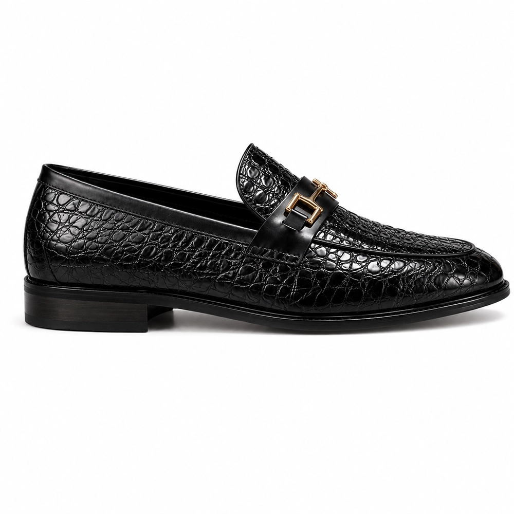 Premium Black Crocodile Embossed Leather Horsebit Loafers for Men