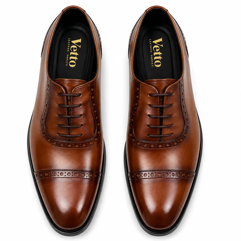 Men’s Brown Leather Cap Toe Oxford Brogue Shoes – Premium Formal Dress Shoes