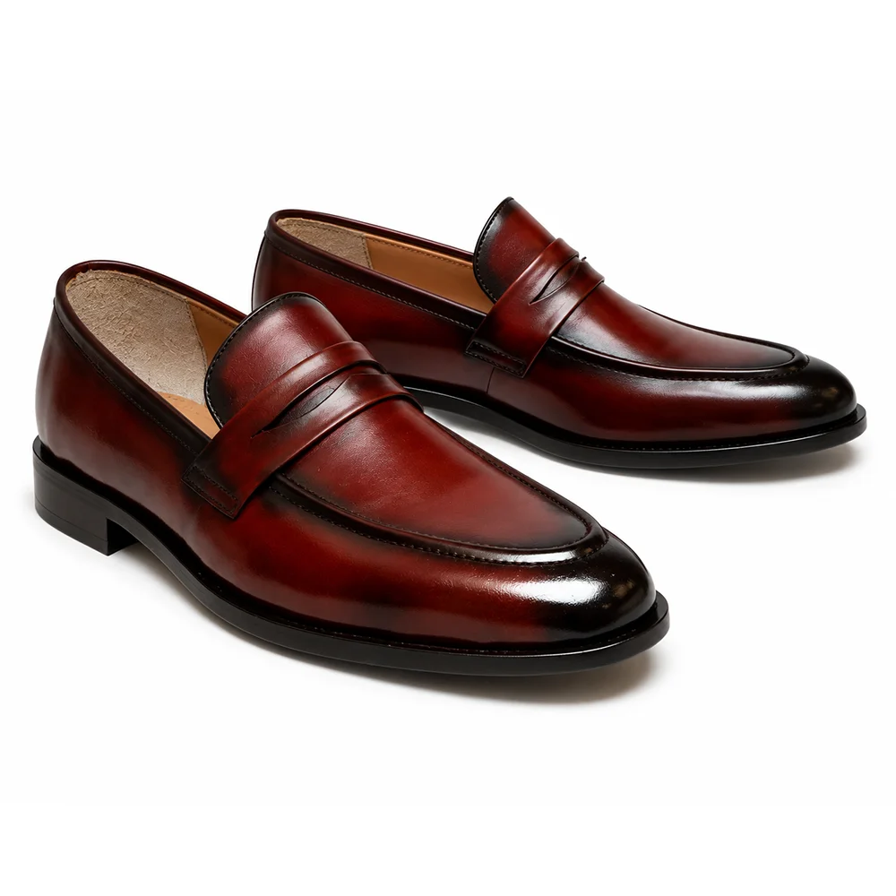 Men’s Burgundy Leather Penny Loafers – Premium Formal Slip-On Shoes
