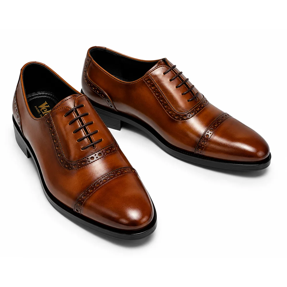 Men’s Brown Leather Cap Toe Oxford Brogue Shoes – Premium Formal Dress Shoes