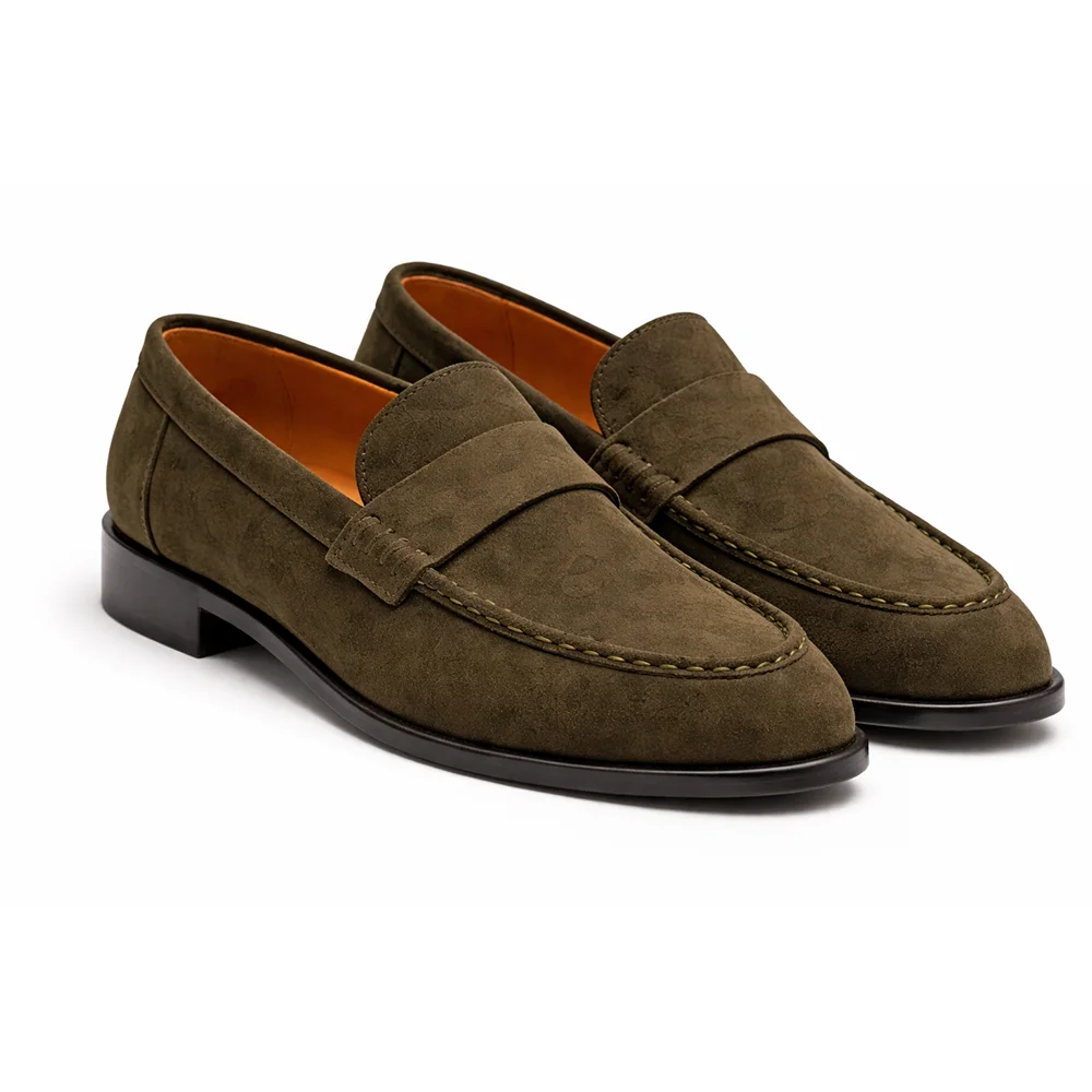 Men’s Olive Suede Penny Loafers Alternate View