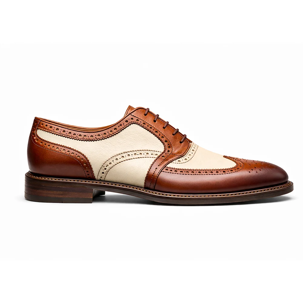 Men’s Brown & Cream Wingtip Brogue Leather Oxford Shoes – Classic Formal Dress Shoes