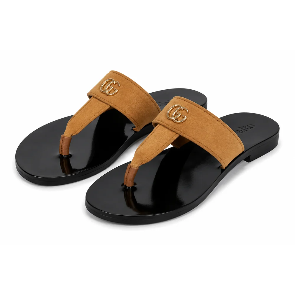 Men’s Tan & Black Toe Loop Sandals – Premium Casual Slip-On Footwear