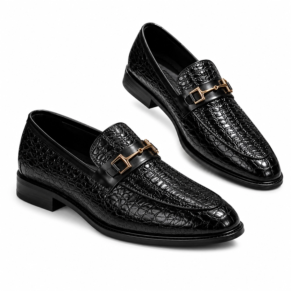 Premium Black Crocodile Embossed Leather Horsebit Loafers for Men