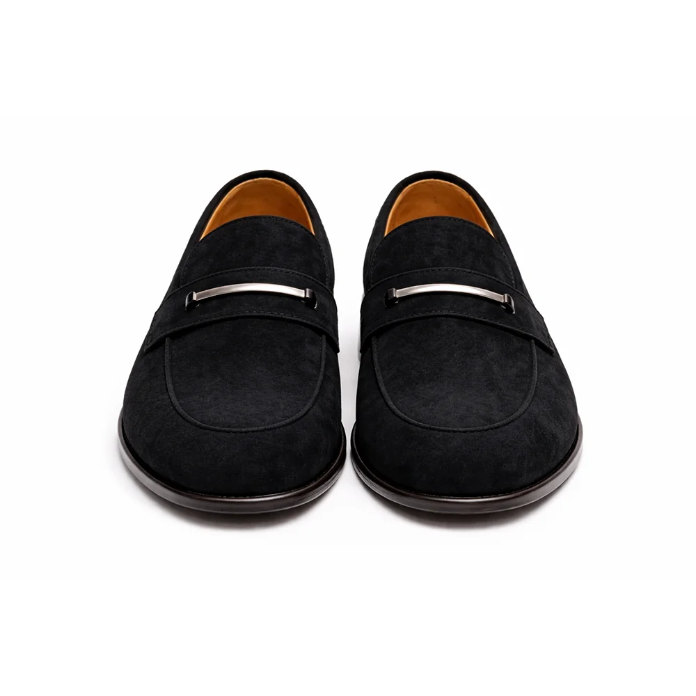 Men’s Black Suede Penny Loafers with Metal Accent – Premium Formal Slip-On Shoes