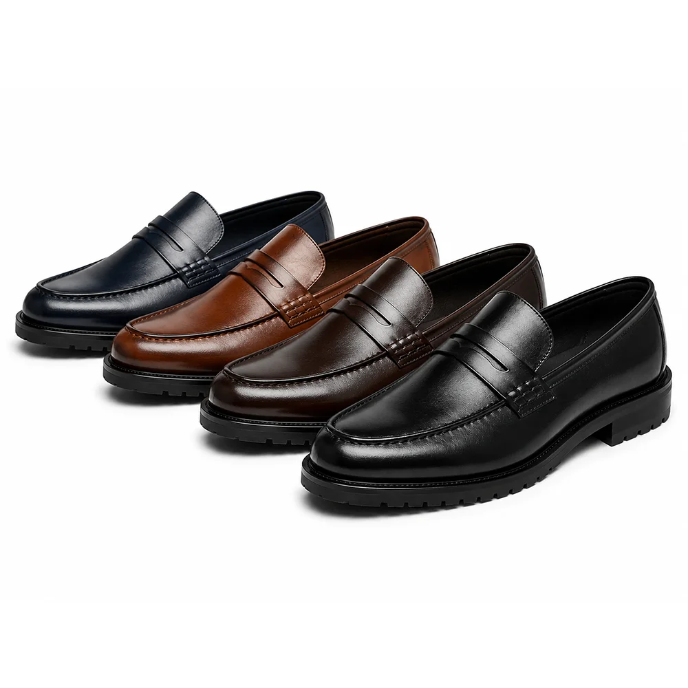 Men’s Black Leather Penny Loafers – Classic Formal Slip-On Dress Shoes