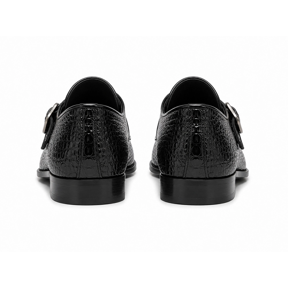Premium Black Crocodile Embossed Leather Double Monk Strap Shoes Alternate View