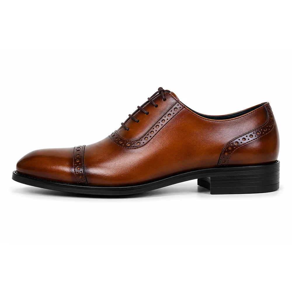 Men’s Brown Leather Cap Toe Oxford Brogue Shoes – Premium Formal Dress Shoes