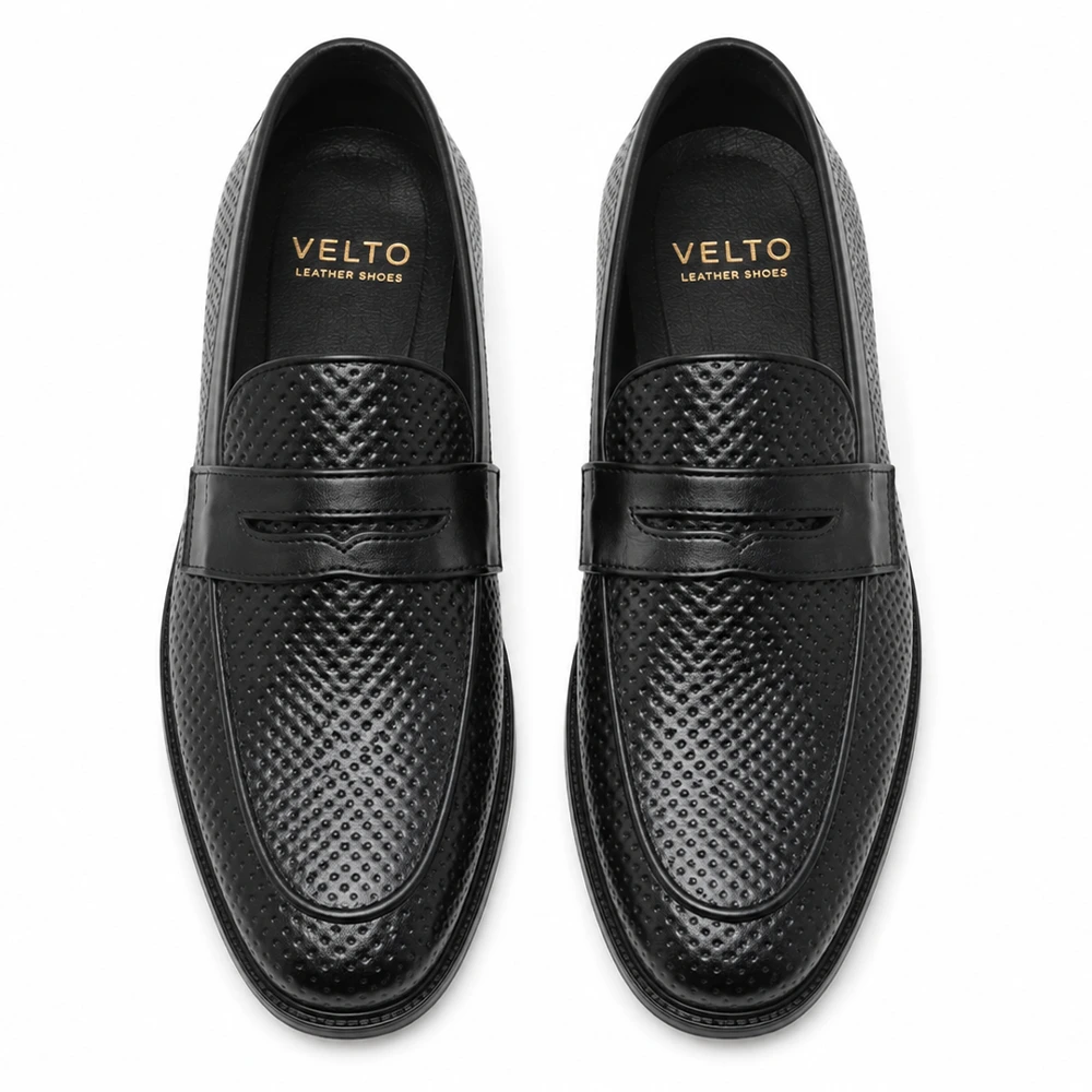 Premium Black Textured Leather Penny Loafers for Men - Men's leather shoes Pakistan