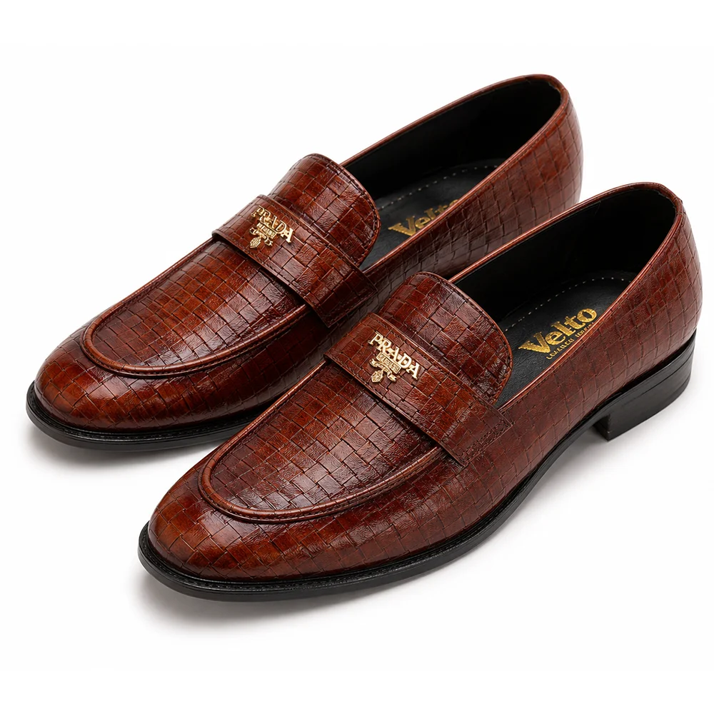 Premium Brown Tiled Leather Prada Buckle Loafers for Men