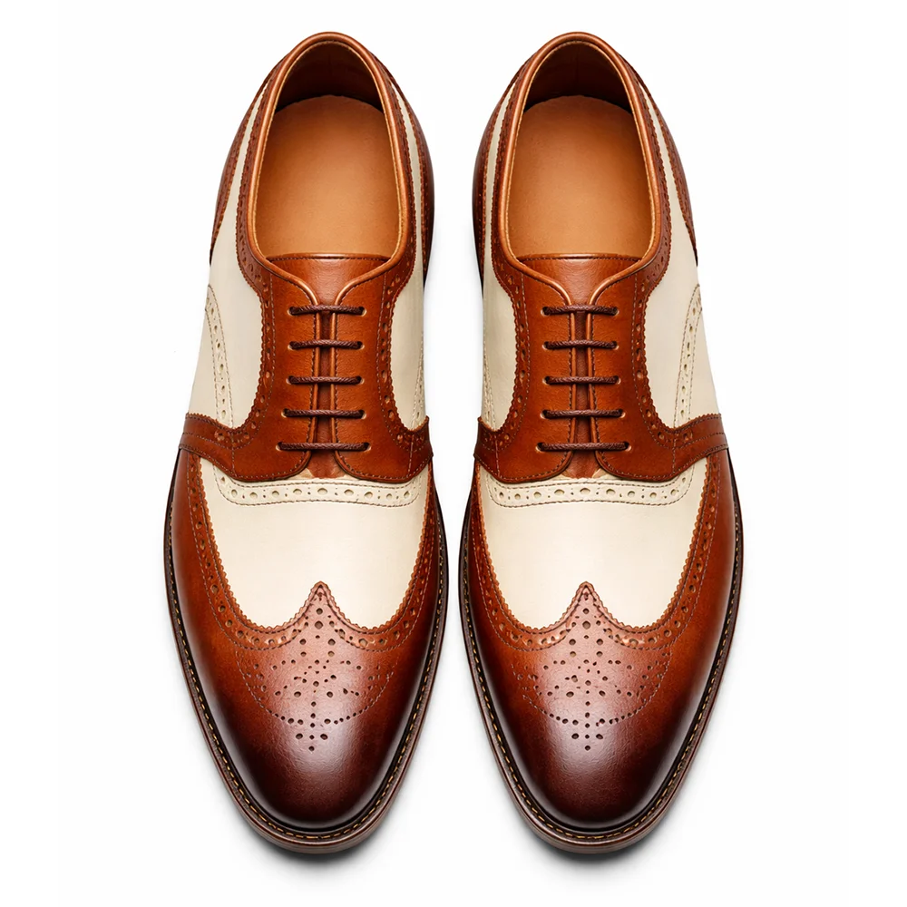 Men’s Brown & Cream Wingtip Brogue Leather Oxford Shoes – Classic Formal Dress Shoes