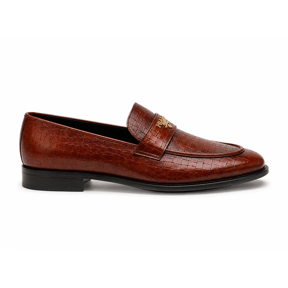 Premium Brown Tiled Leather Prada Buckle Loafers for Men Alternate View