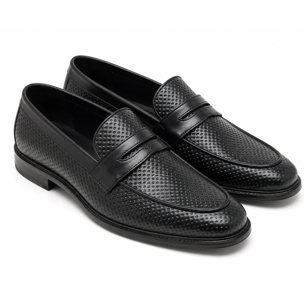 Premium Black Textured Leather Penny Loafers for Men