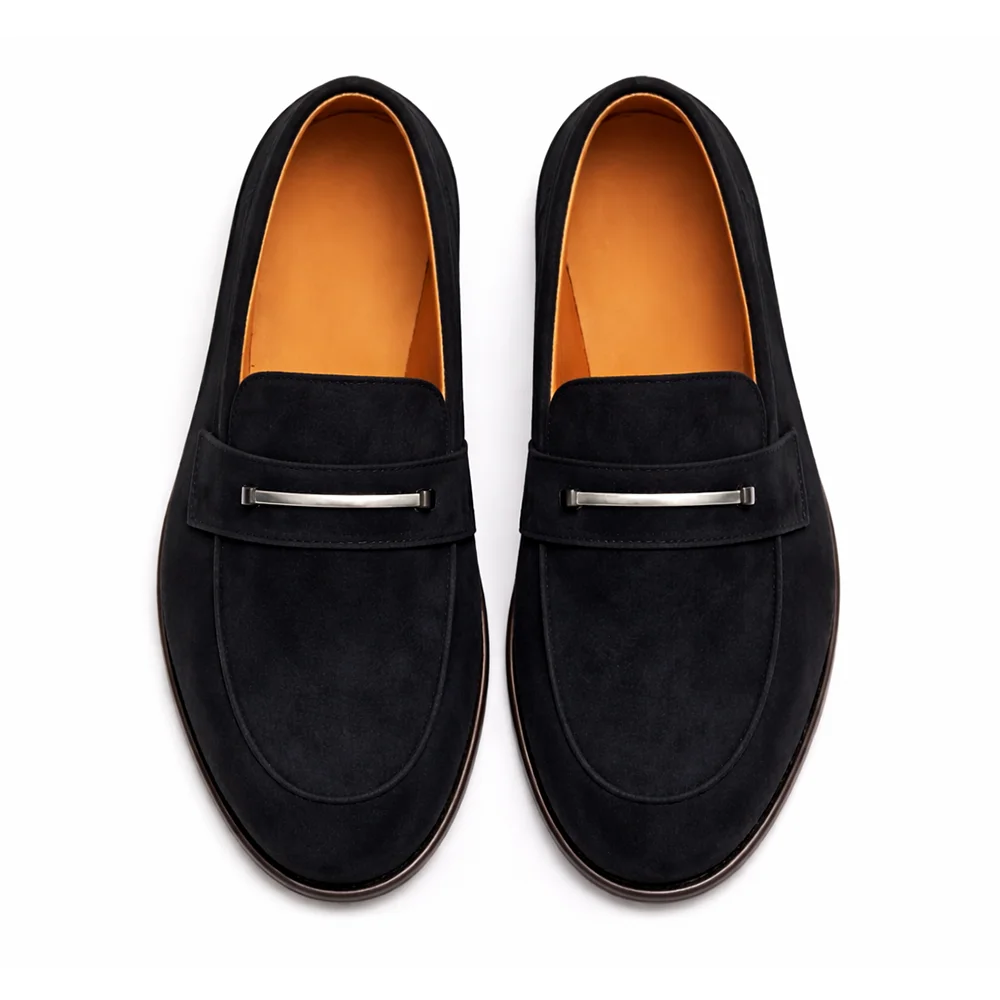 Men’s Black Suede Penny Loafers with Metal Accent – Premium Formal Slip-On Shoes
