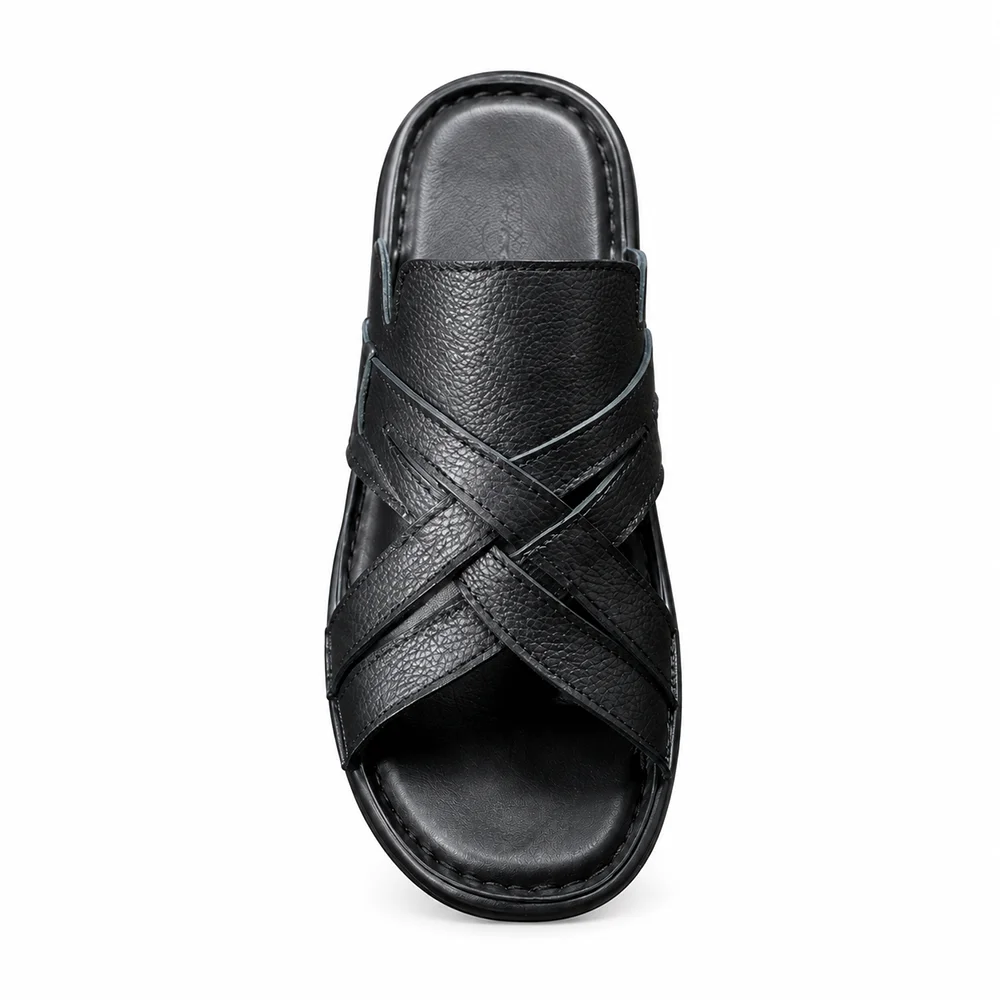 Men’s Black Cross Strap Sliders – Premium Casual Open Toe Sandals