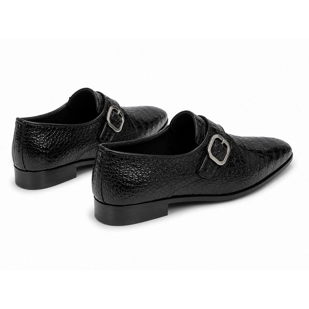 Premium Black Crocodile Embossed Leather Double Monk Strap Shoes - Men's leather shoes Pakistan