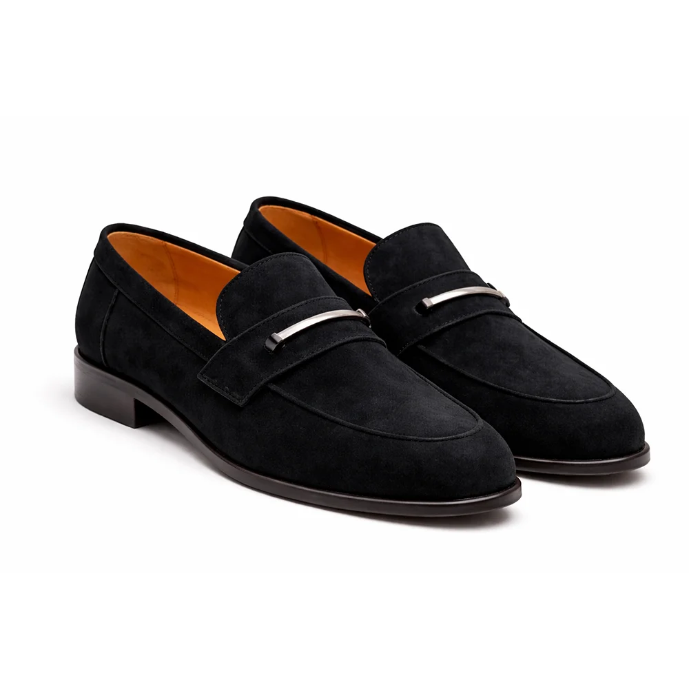 Men’s Black Suede Penny Loafers with Metal Accent – Premium Formal Slip-On Shoes