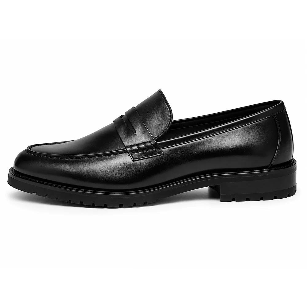 Men’s Black Leather Penny Loafers – Classic Formal Slip-On Dress Shoes