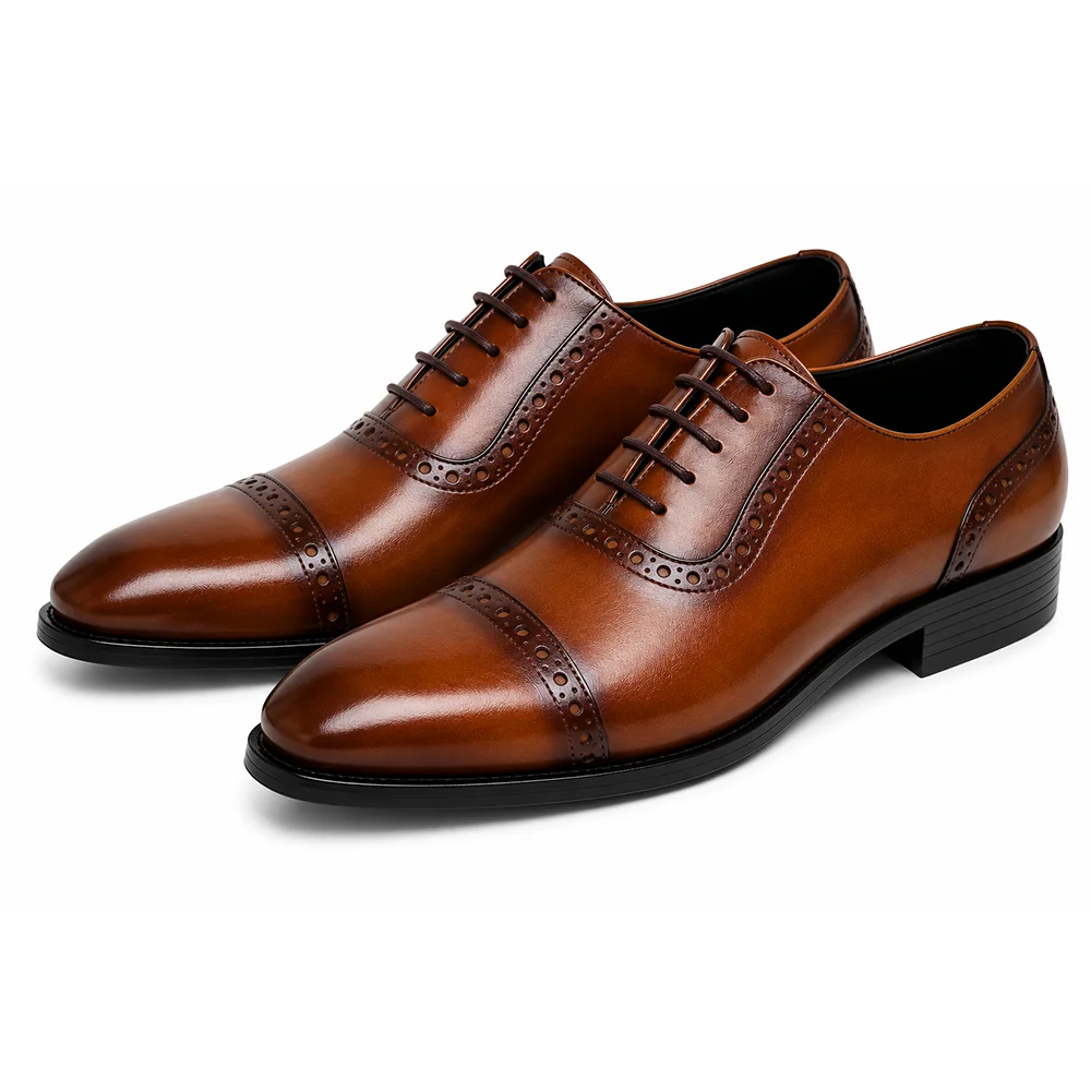Men’s Brown Leather Cap Toe Oxford Brogue Shoes – Premium Formal Dress Shoes