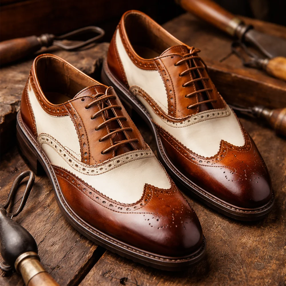 Men’s Brown & Cream Wingtip Brogue Leather Oxford Shoes – Classic Formal Dress Shoes