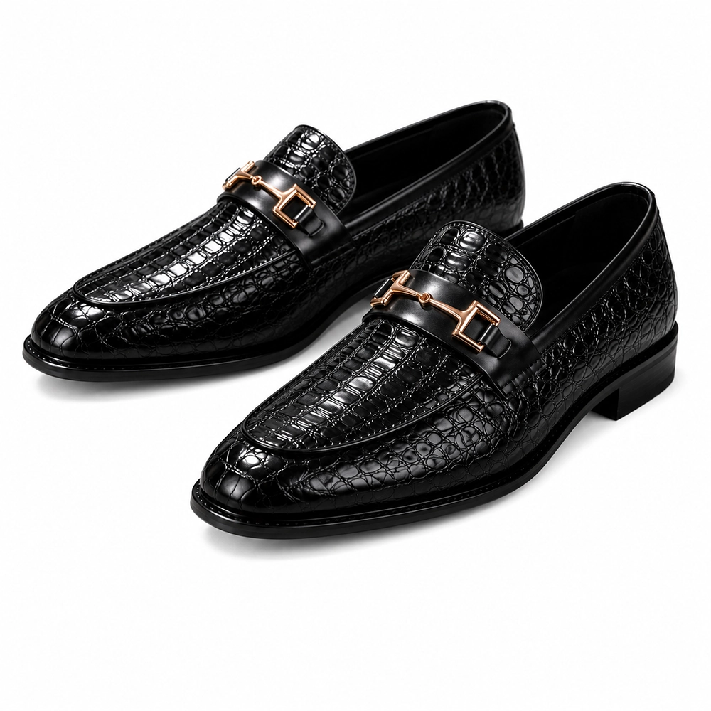 Premium Black Crocodile Embossed Leather Horsebit Loafers for Men