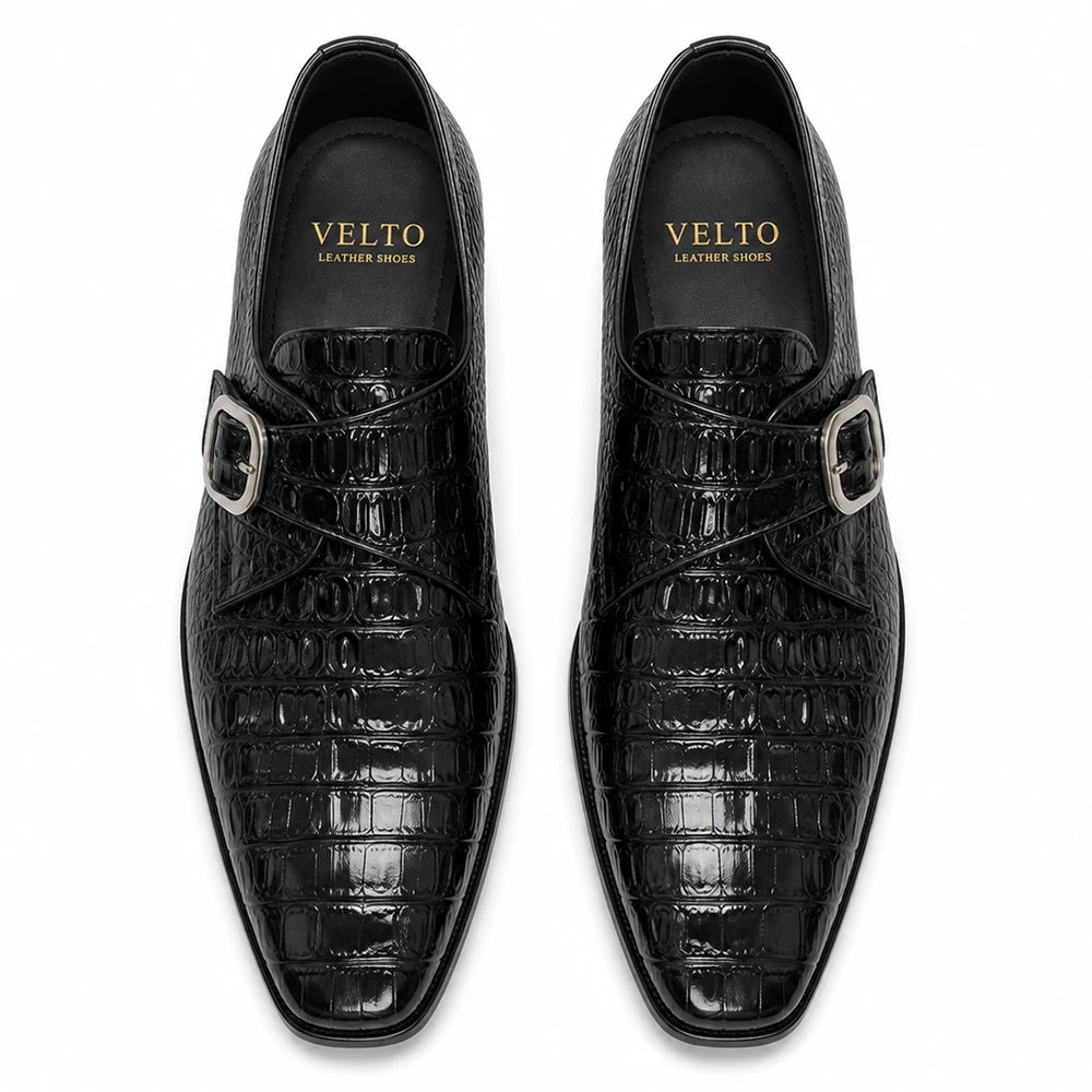 Premium Black Crocodile Embossed Leather Double Monk Strap Shoes - Men's leather shoes Pakistan