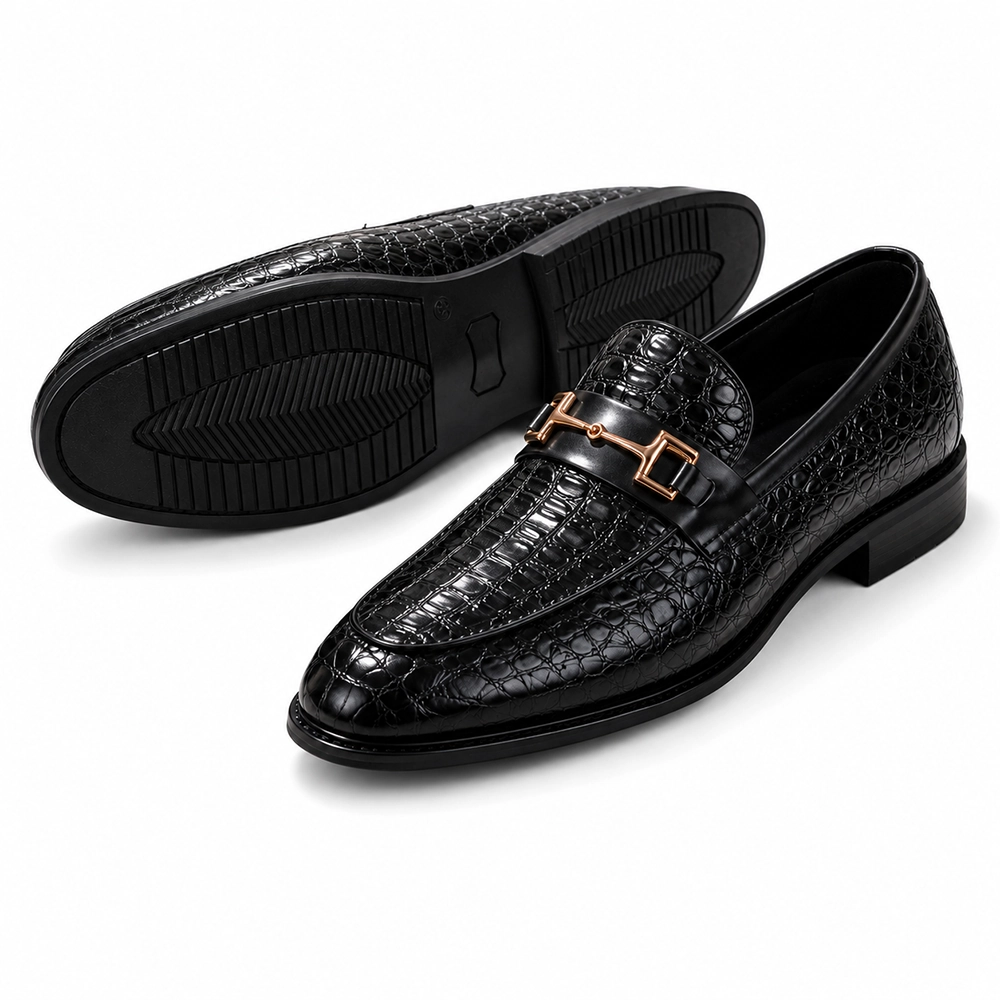 Premium Black Crocodile Embossed Leather Horsebit Loafers for Men