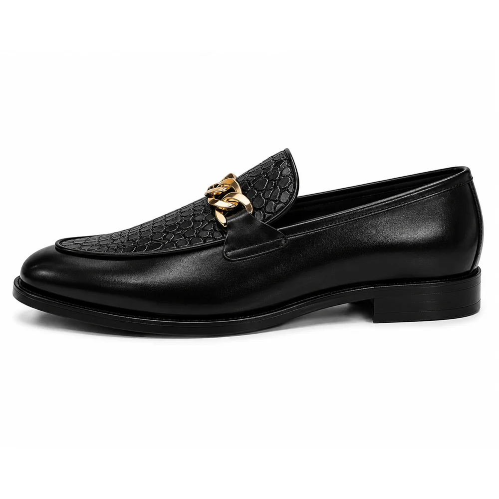 Men’s Black Chain Detail Loafers – Premium Formal Slip-On Dress Shoes