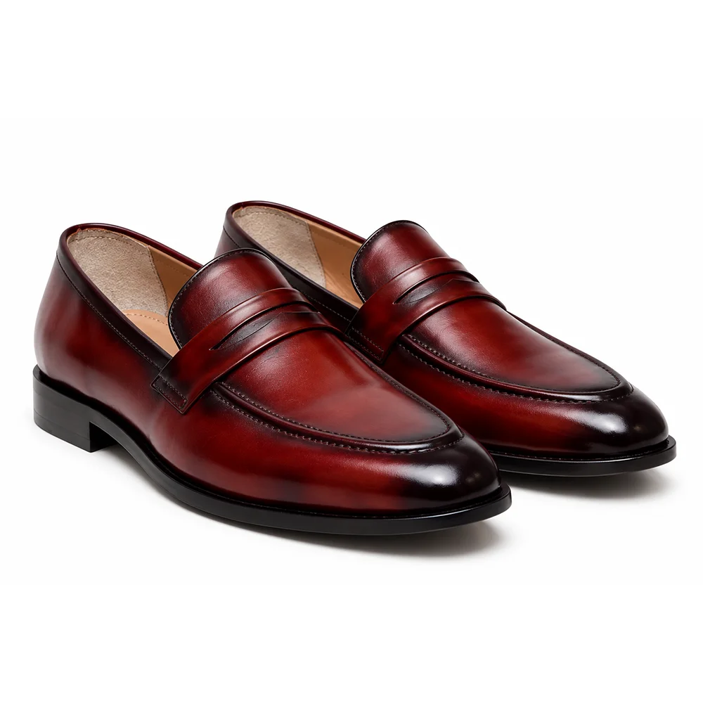 Men’s Burgundy Leather Penny Loafers – Premium Formal Slip-On Shoes