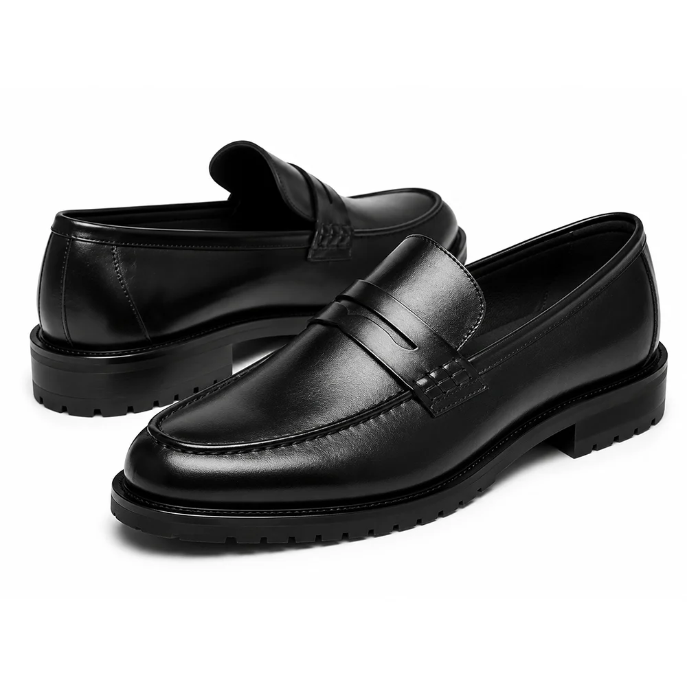 Men’s Black Leather Penny Loafers – Classic Formal Slip-On Dress Shoes