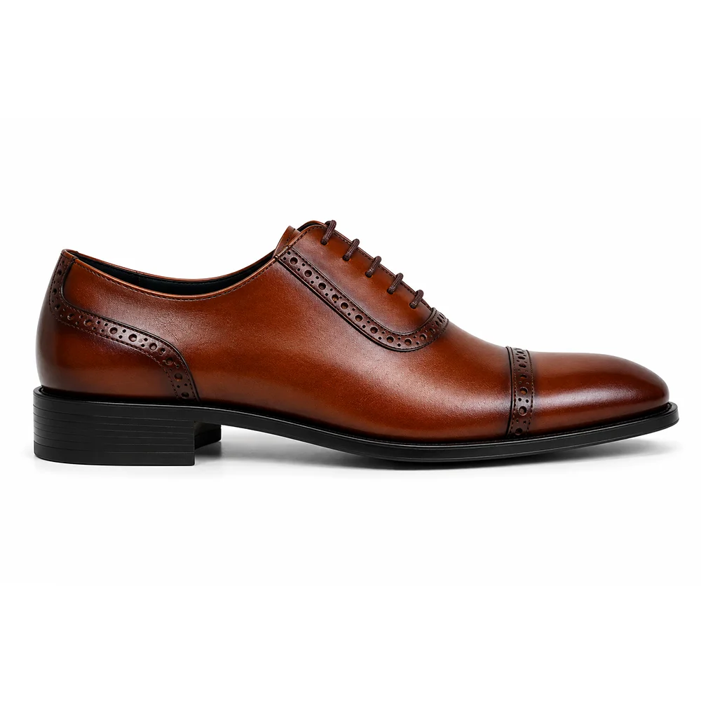 Men’s Brown Leather Cap Toe Oxford Brogue Shoes – Premium Formal Dress Shoes