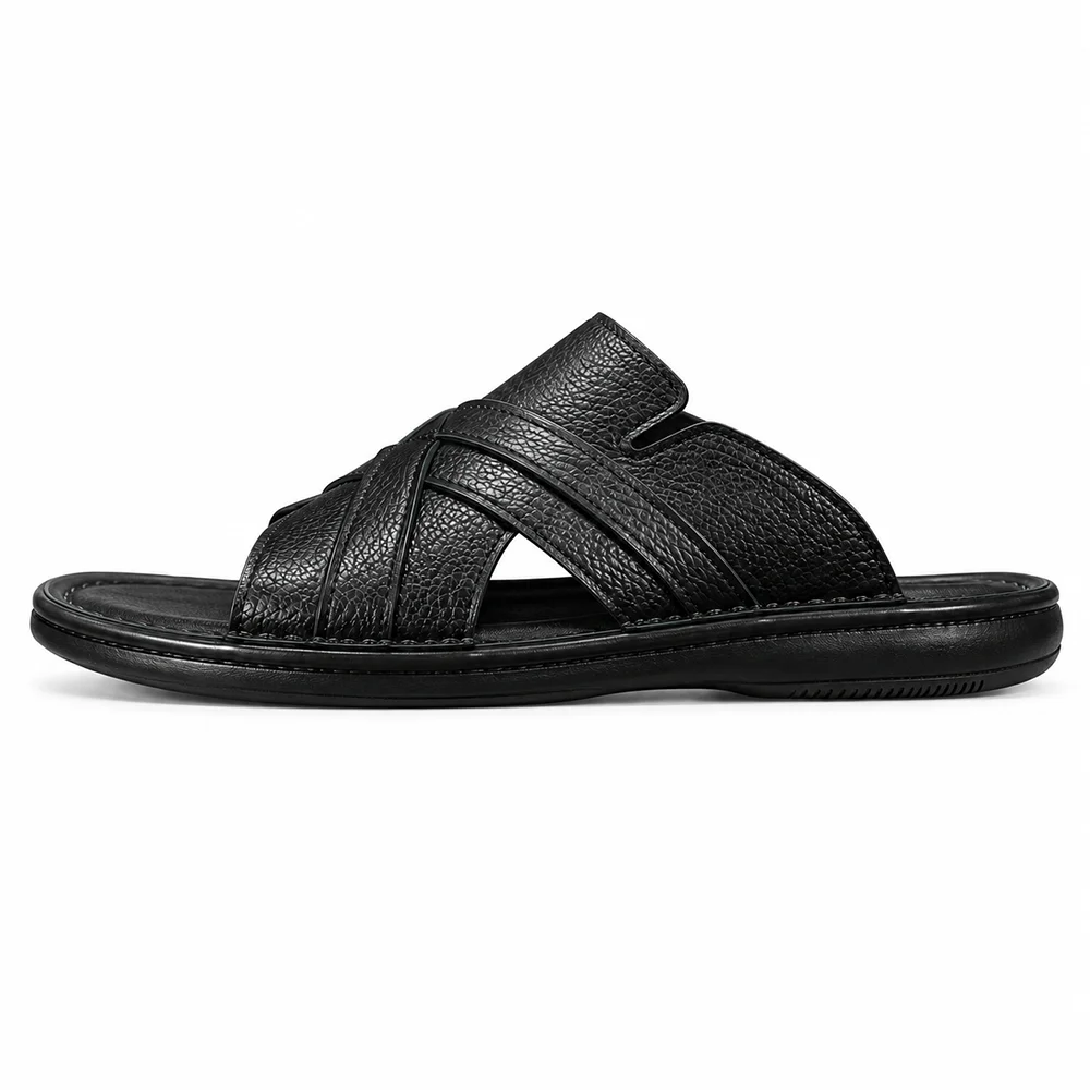 Men’s Black Cross Strap Sliders – Premium Casual Open Toe Sandals
