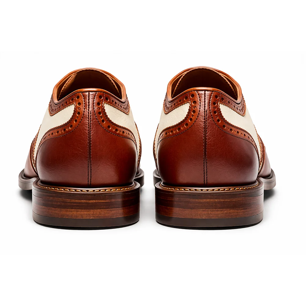 Men’s Brown & Cream Wingtip Brogue Leather Oxford Shoes – Classic Formal Dress Shoes