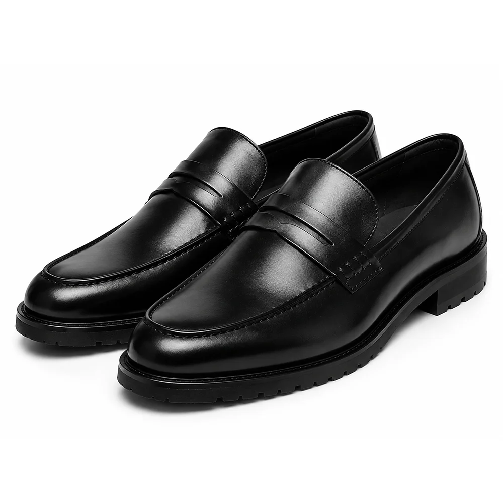 Men’s Black Leather Penny Loafers – Classic Formal Slip-On Dress Shoes